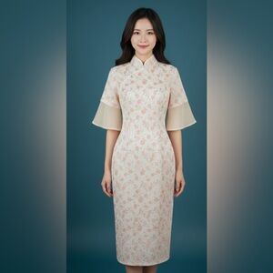 Vintage Style Cheongsam Qipao Dress M | Peach Floral Jacquard Midi